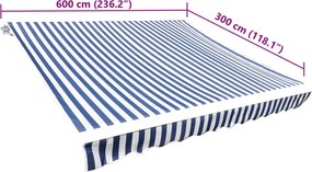 Kék/fehér vászon napellenző tető 6 x 3 m (a váz nem tartozék)