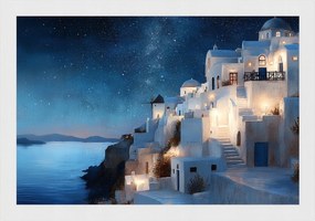 Poszter Keret Fa Tájkép Görögország Sziget Santorini Város Éjszaka 60x40