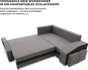 Grande sarokkanapé polcokkal és puffokkal , polc a bal karfaban puffok a jobb karfaban, jobboldali, szövet anyag, bonell töltet, szürke - fekete