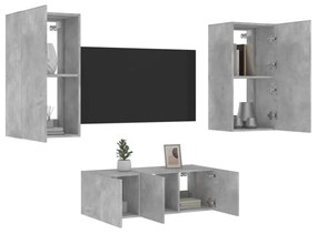 vidaXL 4 darab betonszürke szerelt fa fali TV-bútor LED-del