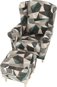 Füles fotel puffal, szövet barna-zöld minta, ASTRID