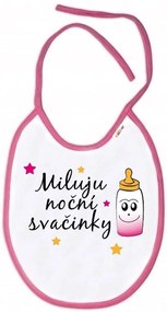 Baby Nellys Vízálló előke I love night snack, 24 x 27 cm - fehér, rózsaszín szegéllyel