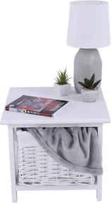 Éjjeliszekrény, fa/vesszőfonás/szövet, fehér, RAFAELLO