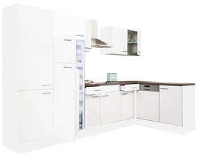 Yorki 340 sarok konyhablokk fehér korpusz,selyemfényű fehér fronttal polcos szekrénnyel és felülfagyasztós hűtős szekrénnyel