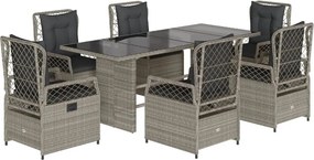 vidaXL 7 részes világosszürke polyrattan kerti étkezőszett párnával