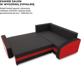 Grande sarokkanapé polcokkal , polc a bal karfaban, jobboldali, szövet anyag, bonell töltet, fekete - piros