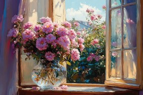 Vászonkép Canvas Ablak Kert Bokor Virágok Rózsa Csokor Váza 60x40