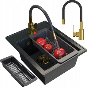 Gránit Mosogató Egymedencés Nero Szett Arany Csaptelep Szifon Csepegtető