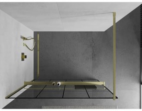 Mexen Kioto+, Walk-In zuhany paraván polccal és akasztóval 130 x 200 cm, 8 mm átlátszó üveg fekete mintás, arany matt profil, 800-130-121-55-77