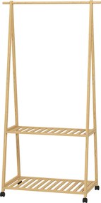 HOMCOM Bambusz Ruhatartó Kerekekkel, 2 Nyitott Polccal és 2 Horoggal - Ruhatartó Előszobába, Folyosóra, Hálószobába - 84,5x43,5x158 cm Természetes | A