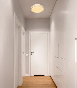 Globo 41749-12 Mennyezeti lámpa fehér váz, akril fehér búra, akril-kristály és sparkle effekt dekorral. Fali kapcsolóról 3 lépésben színhőmérsékletváltós. Ø:260, H:80, tartozék: 1xLED 12W 230V, 980lm, CCT 3.000-4500-6.500