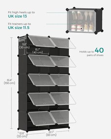 Cipős szekrény, 10 rekeszes moduláris tárolóegység, 32 x 165 x 125 cm, fekete