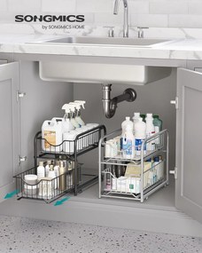 VASHOME konyhai rendező, 2 szintes egymásra helyezhető mosogató alatti rendszerező, fekete, 36x21x25-31cm