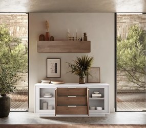 SKY 2.0 komód 2 ajtóval és 3 fiókkal, fehér matt lakkozott vázzal és Mercuri tölgy mintázatú laminált előlapokkal