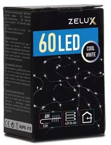 Zelux karácsonyi világítás, fényfűzér, 60 led, fehér, 6500K, 6m