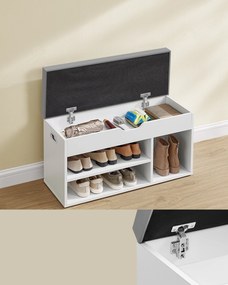 Párnázott ülőke cipőtartóval és rejtett tárolással, szürke-féher színben