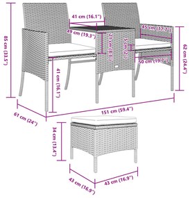 barna 2-személyes polyrattan kerti fotel asztallal/zsámolyokkal
