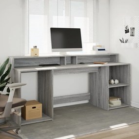 szürke sonoma színű szerelt fa íróasztal LED-ekkel 200x55x91 cm