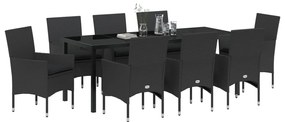 9 Darabos Kerti Étkezősor Párnákkal Fekete Poli Rattan, Kerti Asztal Fekete 200x80x73 cm Edzett Üveg