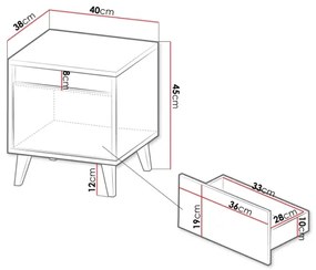 KÉSZLET 2x Éjjeliszekrény NORD 45x40 cm wotan tölgy/antracit