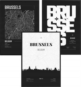 Poszter szett Brüsszel Várostérkép Fekete-fehér Loft Képek Keretekkel