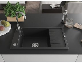 Mexen Elias, 1 kamrás gránit mosogató csepptálcával 80x48 cm konyhai csaptelep Telma, fekete, 6511-77-670200-00