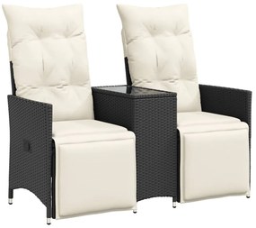 2 személyes fekete polyrattan dönthető kerti kanapé asztallal