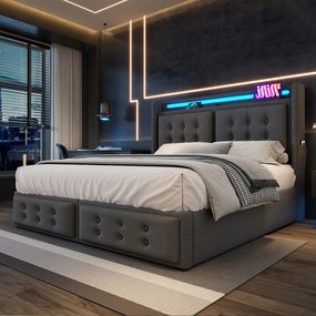 Kárpitozott ágy 160x200 dupla hidraulikus ágy Led Usb C szürke