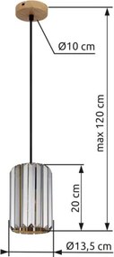 Globo 30220146 Függőlámpa, fém fa megjelenésű, füstszínű K5 kristályok, kábel textil fekete, ø: 135mm, M: 1200mm, 1x E27 60W 230V izzó nélkül