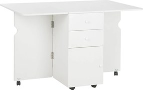 HOMCOM Összecsukható Étkezőasztal Kihúzható Konyhaasztallal Összecsukható Szárnyakkal 6 Kerekekkel és 2 Tároló Fiókkal Modern Stílus 120x80x75 cm Fehé