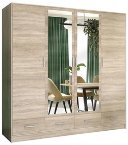 SANNA gardróbszekrény tükörrel, 200x215 cm, sonoma tölgy