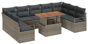 10 Darabos Kert Kanapé Szett Párnákkal Szürke Poli Rattan Akácfával, 2-Fős Kert Kanapé Párnákkal Szürke Poli Rattan