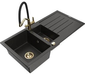 Mexen Andres gránit mosogató 1,5 medencés csepegtetővel és Duo konyhai csapteleppel, fekete/arany metál - 6515-75-671701-57-G