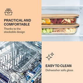 Klarstein Tízórai doboz zárható fedéllel, 1,6 L, 2 darabos készlet, hőálló, üveg, bambusz