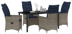 5 darabos kerti étkező garnitúra párnákkal szürke poli rattan, Kerti asztal fekete 160x80x73 cm edzett üveg