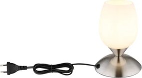 Globo 24007N Asztali lámpa fém nikkel matt, fehér színű üveg búra, fekete PVC kábel, érintő kapcsoló, ø: 125mm, M: 180mm, kábel hossza 1500mm, 1x E14 25W 230V izzó nélkül