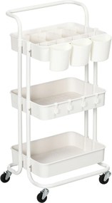 HOMCOM 3-Szintes Konyhai Kocsij, Gurulós Konyhai Rack Kifüggesztőkkel és Tároló Kosarakkal, Többcélú Kocsi Konyhához, Irodához, Fürdőszobához - Fehér