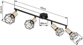 Globo 54802S-4AB Spotlámpa fém fekete- sárgaréz színben, fém drót búrával. HxSzxM: 600x80x205, fényforrás nélkül 4xE14 40W 230V