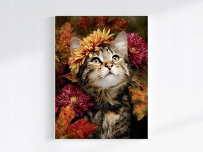 Vászonkép Canvas Portré Macska Cica Levelek Virágok Ősz 75x100