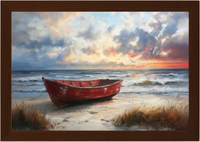 Poszter Keret Fa Piros Hajó Tengerpart Naplemente Tenger Nyár 60x40
