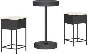 vidaXL 3 részes fekete polyrattan kerti bárszett párnával