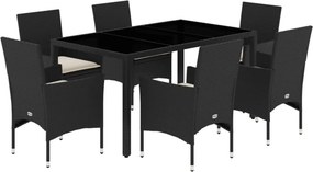 vidaXL 7 részes fekete polyrattan/üveg kerti étkezőgarnitúra párnával