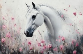 Vászonkép Canvas Olaj Természet Fehér Ló Paripák Virágok Rózsák Rét 120x80