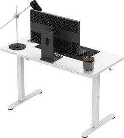 Állítható magasságú íróasztal, 120 x 60 cm, fejhallgatótartóval, üveglappal fehér
