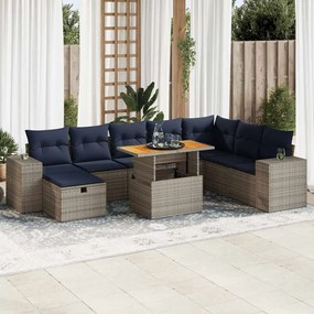 vidaXL 9 részes szürke polyrattan akácfa kerti ülőgarnitúra párnákkal