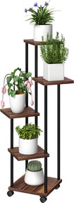 Outsunny 5-szintes növénytartó kerekekkel, virágtartó beltérre és kültérre, acél- és fa növénytároló, több szintes virágrács, 110 cm magas viráklétra