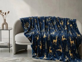 Sötétkék karácsonyi mikroplüss takaró GOLDEN DEER Méret: 200 x 220 cm