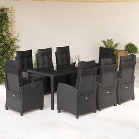 9 részes fekete polyrattan kerti étkezőgarnitúra párnákkal