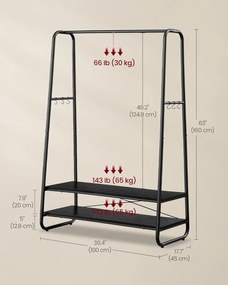 Ruhatartó állvány, ruhafogas 2 polccal és 6 darab s alakú akasztóval, fekete színben