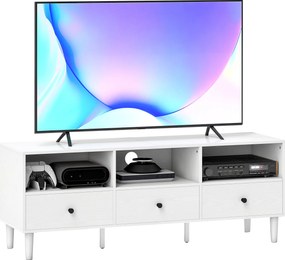 HOMCOM Modern TV Állvány - TV Állvány Nappaliba 3 Nyitott Rekesszel, 3 Fiókkal és Kábelnyílással 45/55/65 Inch TV-hez 120x34x45 cm Fehér | Aosom